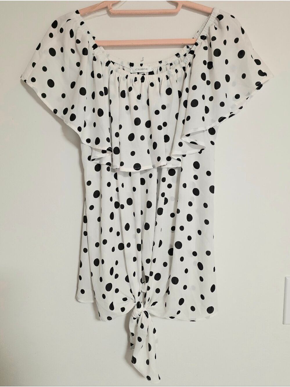 Cherish Polka Dot Off The Shoulder Top Ruffle Flutter Neckline Front Tie Medium